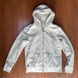 Hollister Sherpa-Lined Front Zip Logo Graphic Hoodie Jacket Size Medium Cream